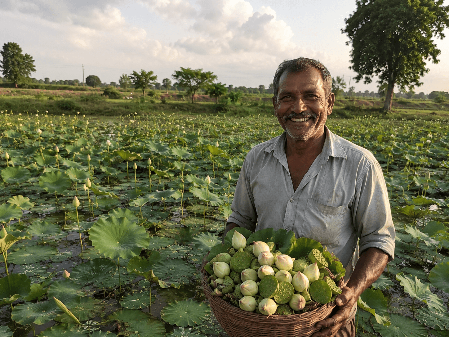 Farmer harvesting makhana in the wetlands of Mithila, Bihar