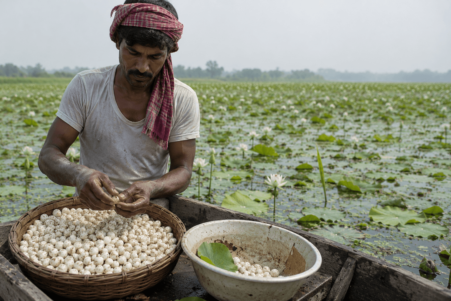 A farmer harvesting makhana in the wetlands of Mithila, Bihar